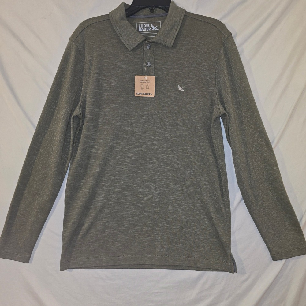 Eddie Bauer Melange Polo Small Mens Olive Green Long Sleeve Stretch Ultrasoft NW